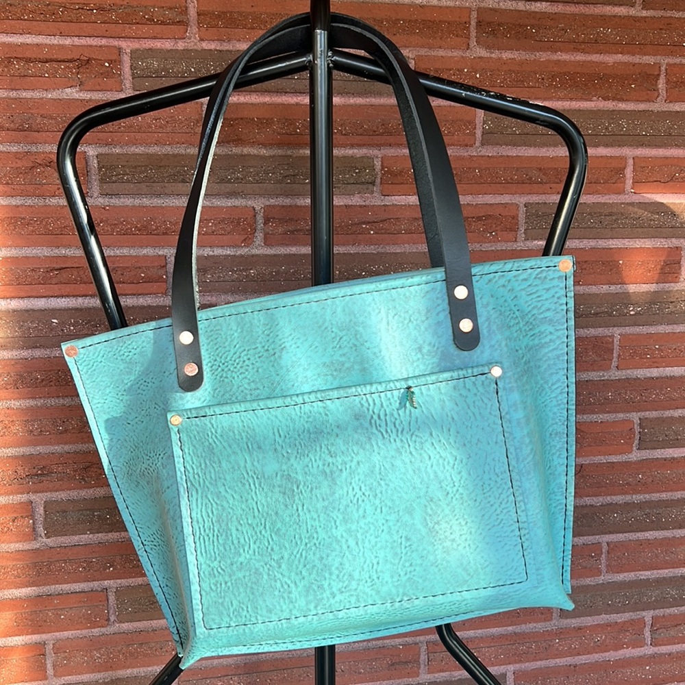 Handmade Turquoise Lether Tote Bag - Picture 9 of 11